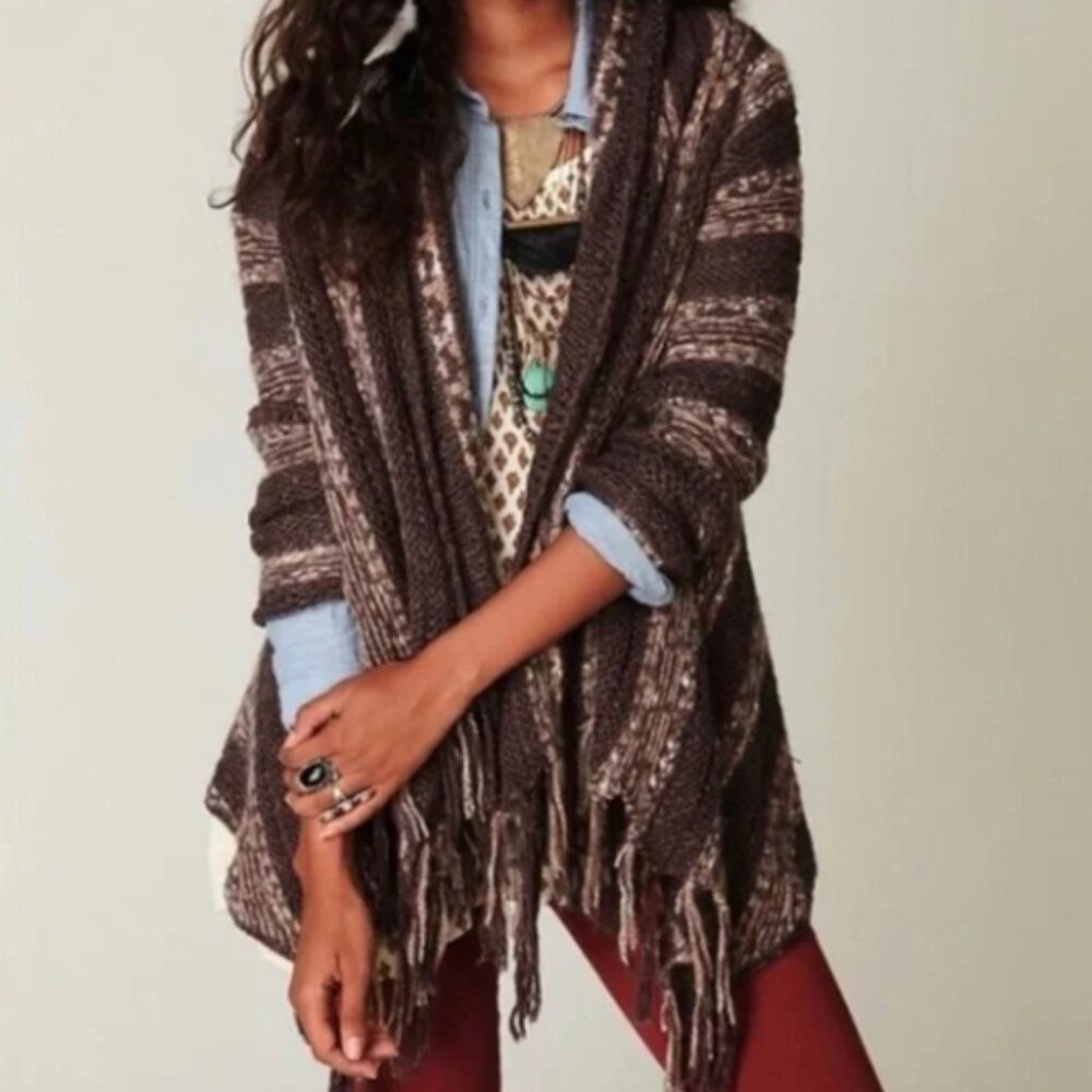 Free People Brown Multi-Stripe Fringe Cardigan